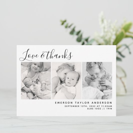 Pink Modern Drei Fotos Neues Baby Dankeskarte (Stehend Vorderseite)