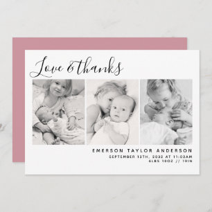 Pink Modern Drei Fotos Neues Baby Dankeskarte