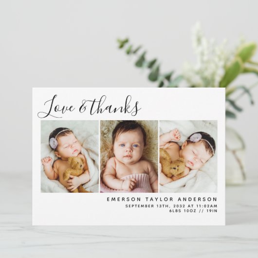 Pink Modern Drei Fotos Neues Baby Dankeskarte (Stehend Vorderseite)