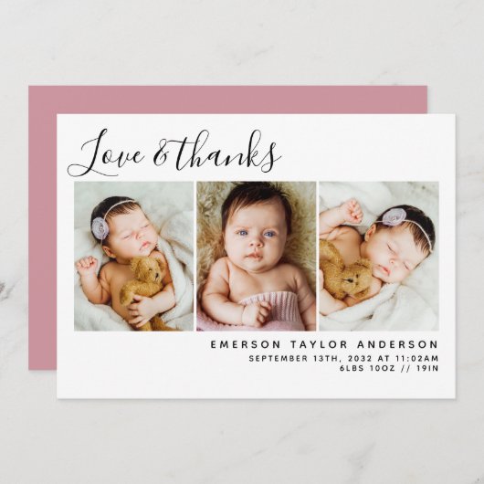 Pink Modern Drei Fotos Neues Baby Dankeskarte (Vorne/Hinten)