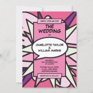 Pink Modern Fun Designer Comic Hochzeitseinladung Einladung