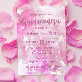 Pink Modern Glaaming Starry Quinceañera Einladung
