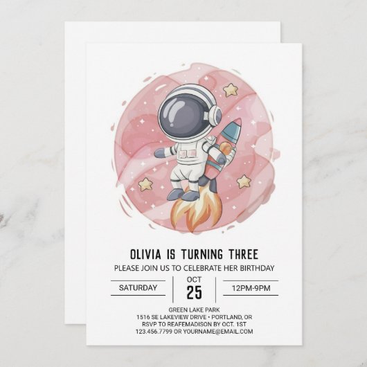 Pink Modern Journey Astronaut Geburtstag Einladung (Vorne/Hinten)