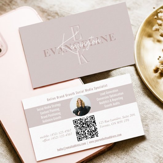 Pink Modern Minimal Monogram Script Photo QR Code Visitenkarte