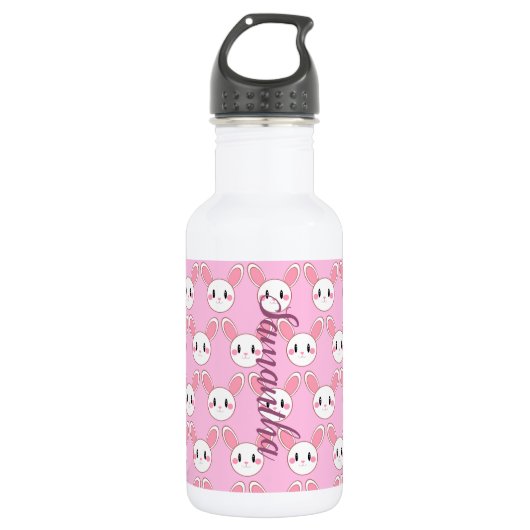 Pink Modern Niedlich Fluffy Bunny Rabbit Edelstahlflasche (Vorderseite)