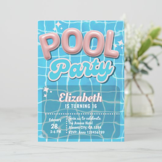 Pink Modern Preppy Girls Pool Birthday Chic Einladung (Stehend Vorderseite)
