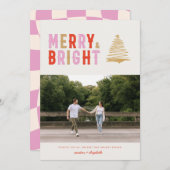 PINK MODERN RETRO MERRY & BRIGHT | 1 Fotokarte Einladung (Vorne/Hinten)