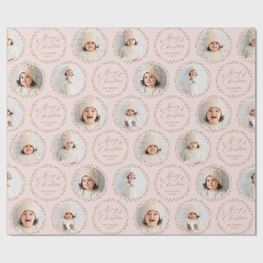 Pink Modern Script Merry Christmas Family 6 photo Geschenkpapier (Flach)