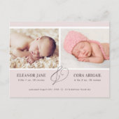 Pink Modern Twin Girls Foto Geburtserklärung Postkarte (Vorderseite)