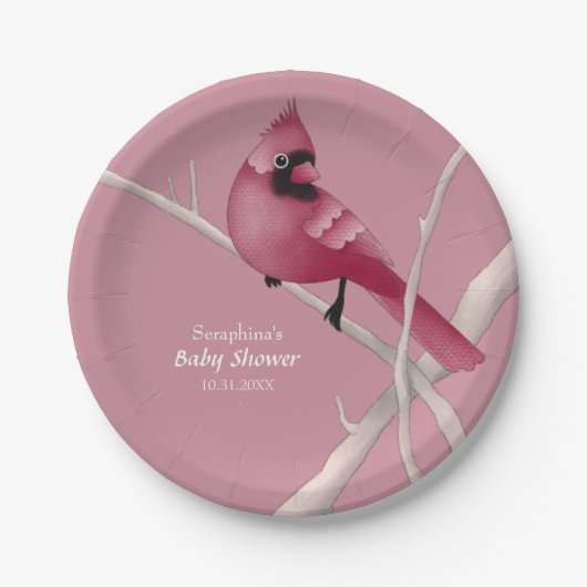 Pink Modern Watercolor Kardinal Bird Pappteller (Vorderseite)