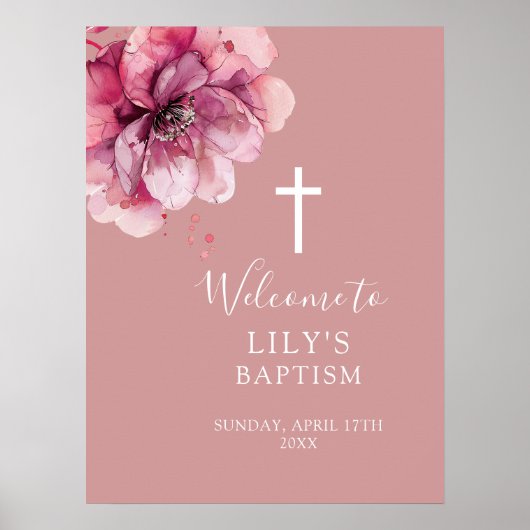 Pink Moderne Aquarelltaufe Bläsertaufe Begrüßungsz Poster (Vorne)