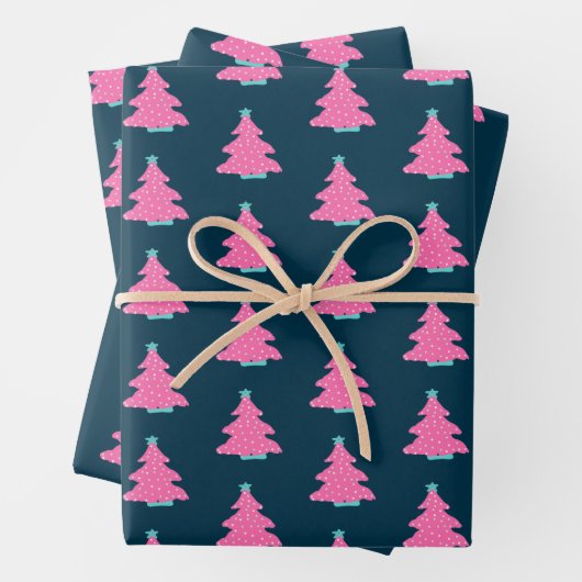 Pink Moderne Weihnachtsbaumen auf Navy Blue Geschenkpapier Set (Beispiel)