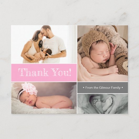 Pink Modernes Baby Foto Collage Baby Dusche Postkarte (Vorderseite)