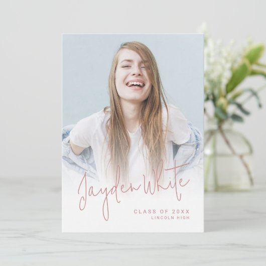 Pink Modernes Script 4 Foto Abschluss Ankündigung (Stehend Vorderseite)