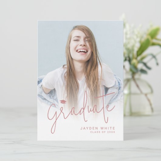 Pink Modernes Script 4 Foto Abschluss Ankündigung (Stehend Vorderseite)