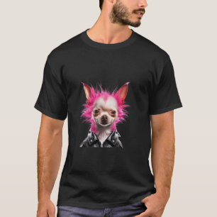 Pink Mohawk Punk Rock Musiker Chihuahua in Leathe T-Shirt