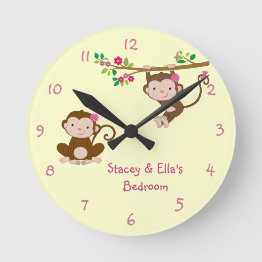Pink Monkey Sisters Personalized Shared Bedroom Runde Wanduhr (Vorderseite)