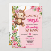 Pink Monkey Young Wild Three Third Birthday Einladung (Vorne/Hinten)