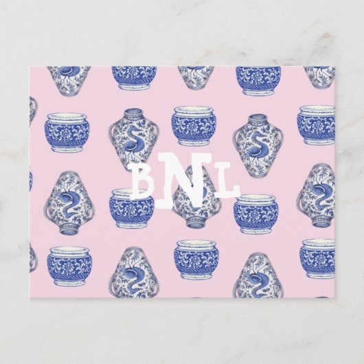 Pink Monogram Chinoisserie Ginger Jar Feiertagspostkarte (Vorderseite)