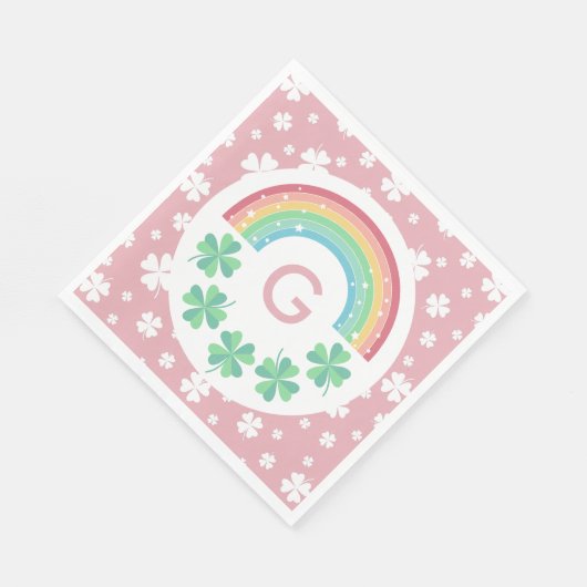 Pink Monogram Clover & Rainbow Lucky One Serviette (Ecke)