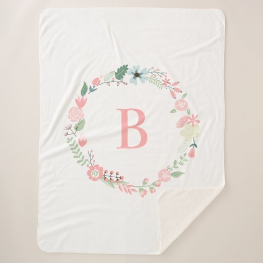 Pink Monogram Floral Wreath Sherpadecke (Vorderseite)