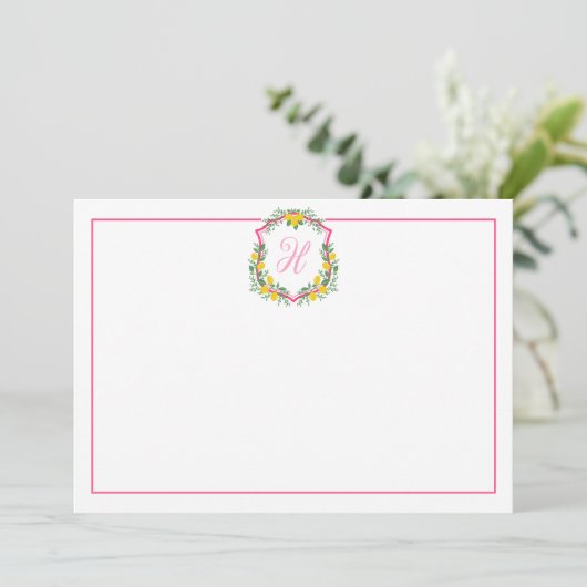 Pink Monogram Lemon Wappen, Custom Danke Card (Stehend Vorderseite)