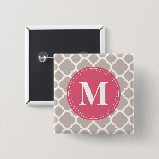Pink Monogram Linen Grau Quatrefolienmuster Button (Vorne & Hinten)
