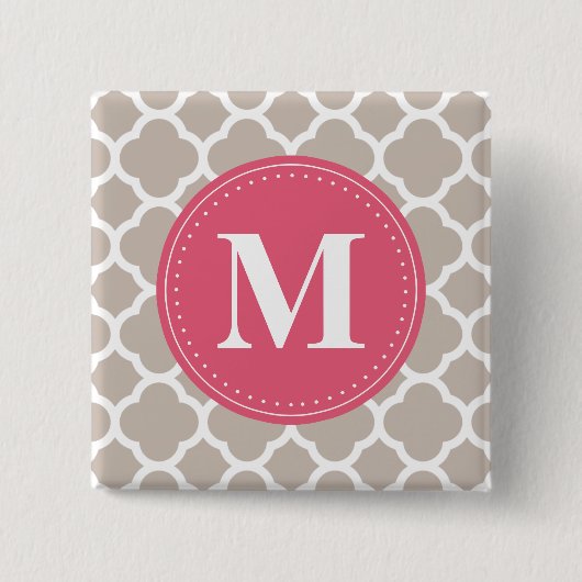 Pink Monogram Linen Grau Quatrefolienmuster Button (Vorderseite)