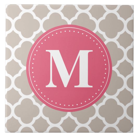 Pink Monogram Linen Grau Quatrefolienmuster Fliese (Vorderseite)