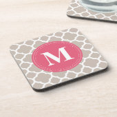 Pink Monogram Linen Grau Quatrefolienmuster Untersetzer (Linke Seite)