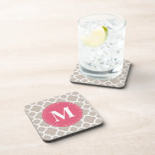 Pink Monogram Linen Grau Quatrefolienmuster Untersetzer (Rechte Seite)