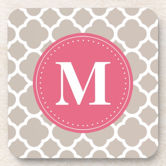 Pink Monogram Linen Grau Quatrefolienmuster Untersetzer (Vorderseite)