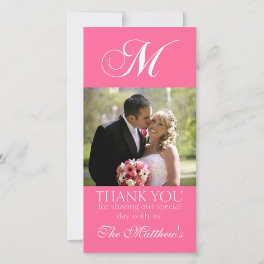 Pink Monogram M Wedding Danke Foto Card (Vorderseite)