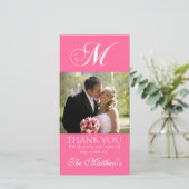 Pink Monogram M Wedding Danke Foto Card (Stehend Vorderseite)
