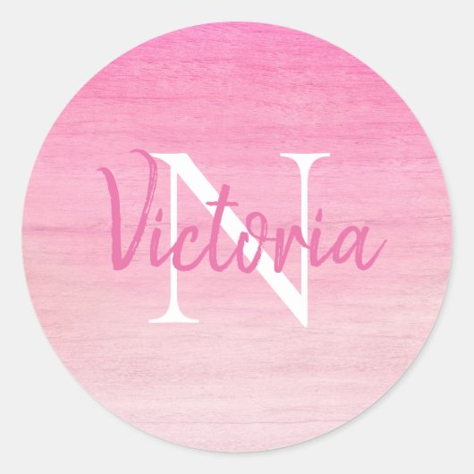 Pink Monogram Name Script Runder Aufkleber (Vorderseite)