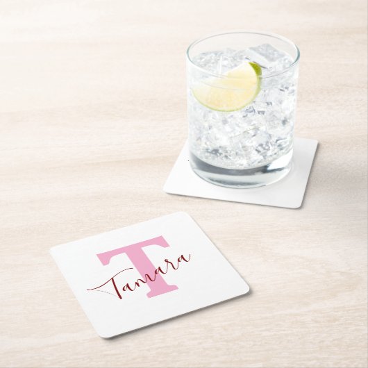 Pink Monogram Paper Coaster | Custom Name Rechteckiger Pappuntersetzer (Vor Ort)
