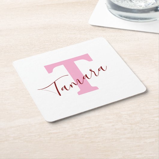 Pink Monogram Paper Coaster | Custom Name Rechteckiger Pappuntersetzer (angewinkelt)