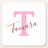 Pink Monogram Paper Coaster | Custom Name Rechteckiger Pappuntersetzer (Vorderseite)