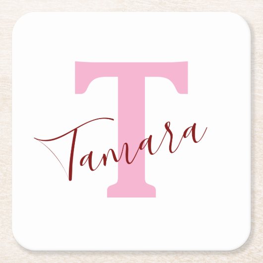 Pink Monogram Paper Coaster | Custom Name Rechteckiger Pappuntersetzer (Vorderseite)