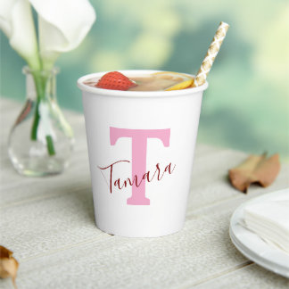 Pink Monogram Paper Cups | Custom Name Pappbecher