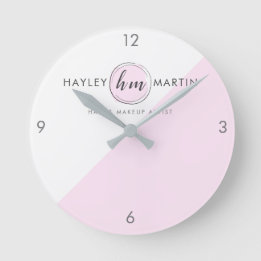 Pink Monogram Style Custom Logo Business Runde Wanduhr