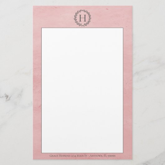 Pink Monogram Wreath Stationer Briefpapier (Vorderseite)