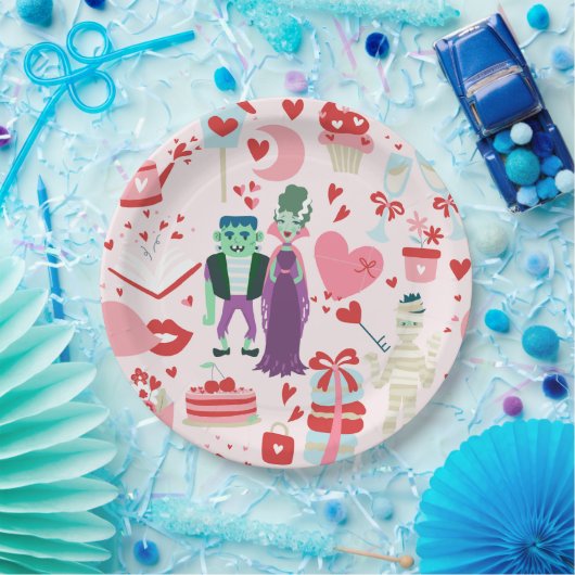 pink monster valentines bride frankenstein mummy pappteller (Party)
