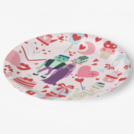 pink monster valentines bride frankenstein mummy pappteller (Schrägansicht)