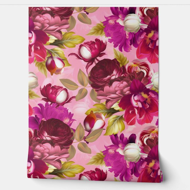 Pink Moody Florals Maximalist Blumengarten Tapete (Abrollen)