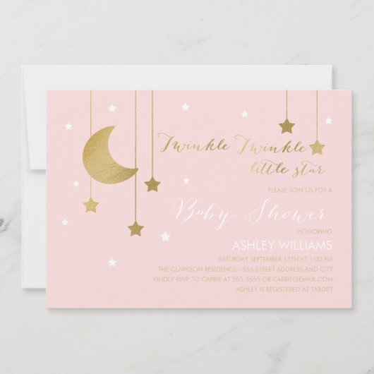 Pink Moon and Stars Kinderdusche Einladung (Vorderseite)