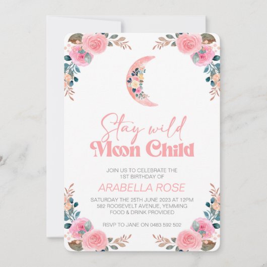 Pink Moon Child Girls Geburtstag Einladung (Vorderseite)