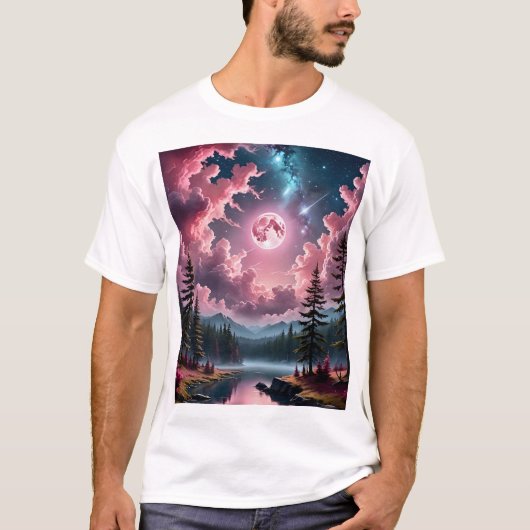 Pink Moon Fantasy Dreamy Night Sky Landscape T-Shi T-Shirt (Vorderseite)