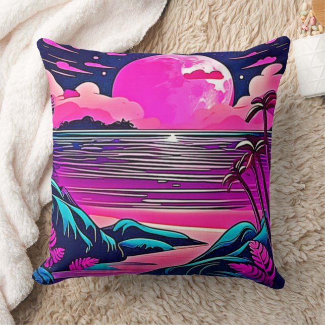 Pink Moon Neon Beachscape Kissen (Decke)