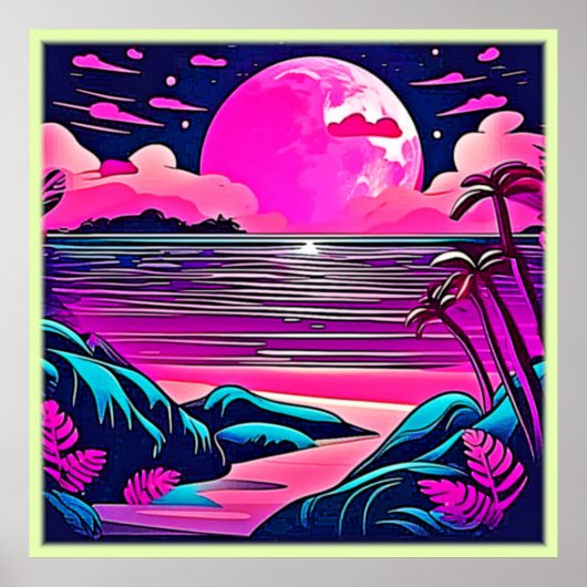 Pink Moon Neon Beachscape Poster (Vorne)